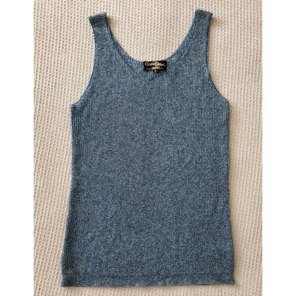 Vintage 90s Blue Crochet Knit Tank Christine Phillipe Sleeveless Shimmer Top M - Picture 2 of 14
